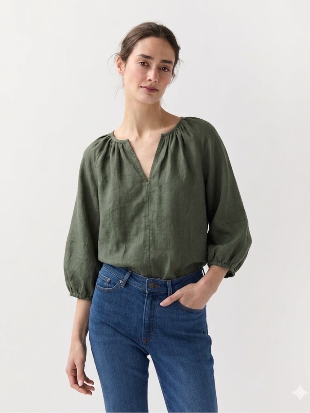 ANN MASHBURN Victoria Blouse Olive Sage Washed Linen Balloon Sleeve XS